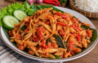 Ayam suwir pedas dengan cabai dan bumbu merah