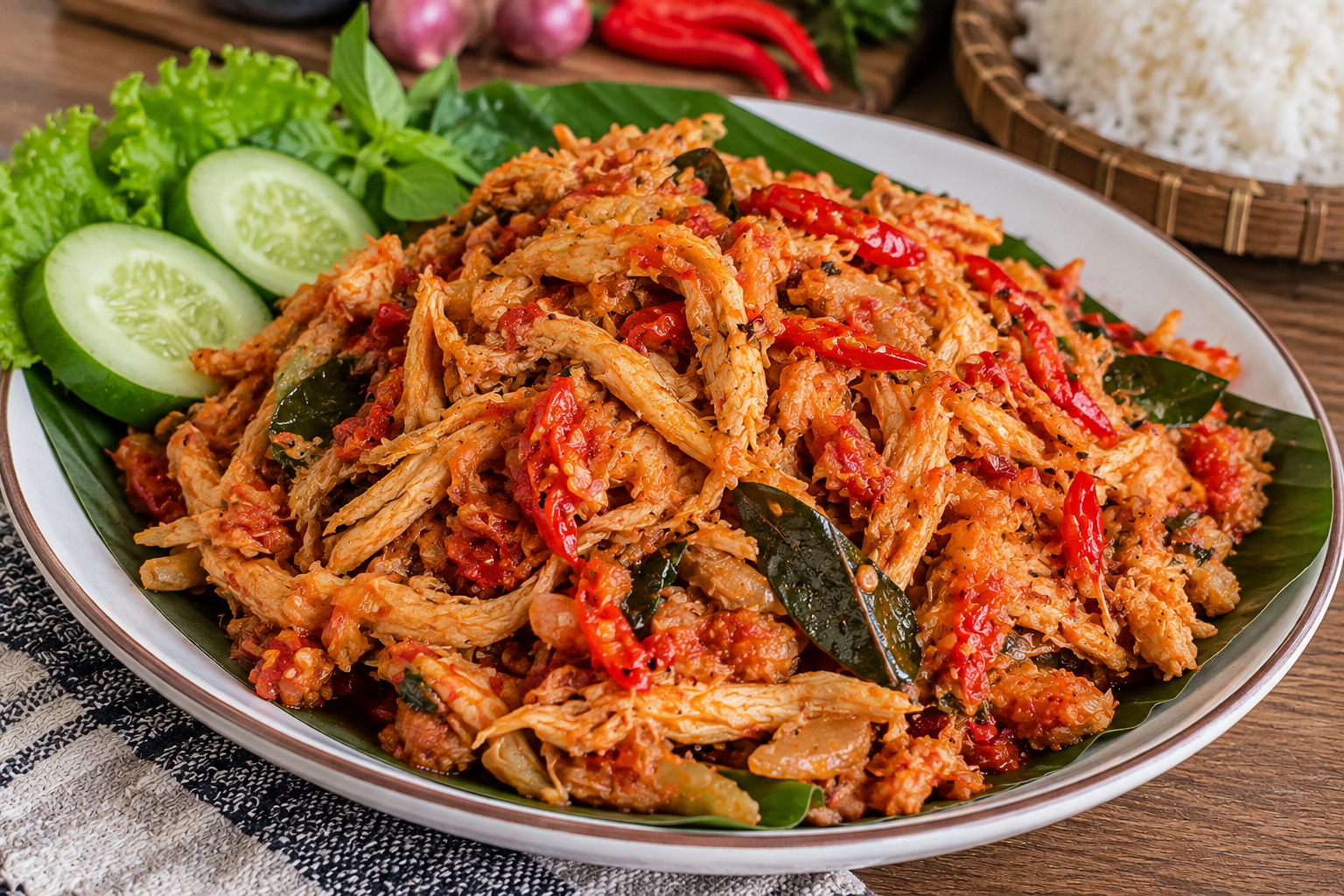 Ayam suwir pedas dengan cabai dan bumbu merah