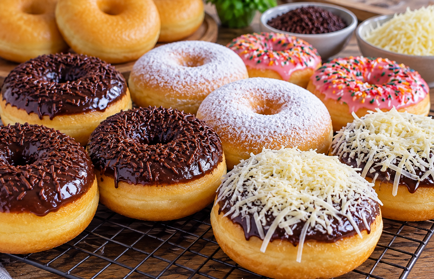 Donat kentang empuk dengan topping cokelat dan meses