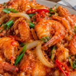 Udang saus Padang pedas dengan saus merah dan bawang bombai