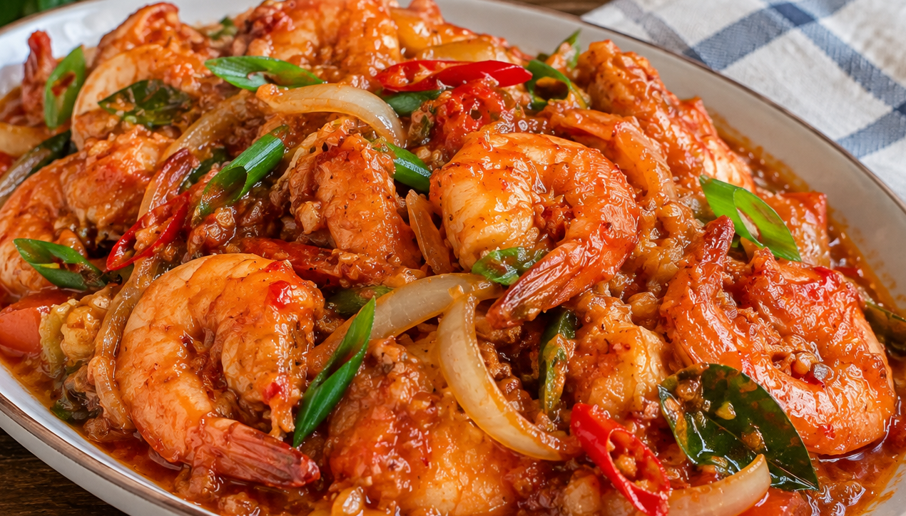 Udang saus Padang pedas dengan saus merah dan bawang bombai